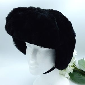 Faux Fur Trapper Style Hat Women's Small Black Snap Up Ear Flaps Chin Strap